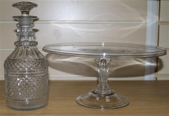 A Regency glass tazza, 15cm high x 31cm diameter and a Regency cut glass decanter, 26cm high